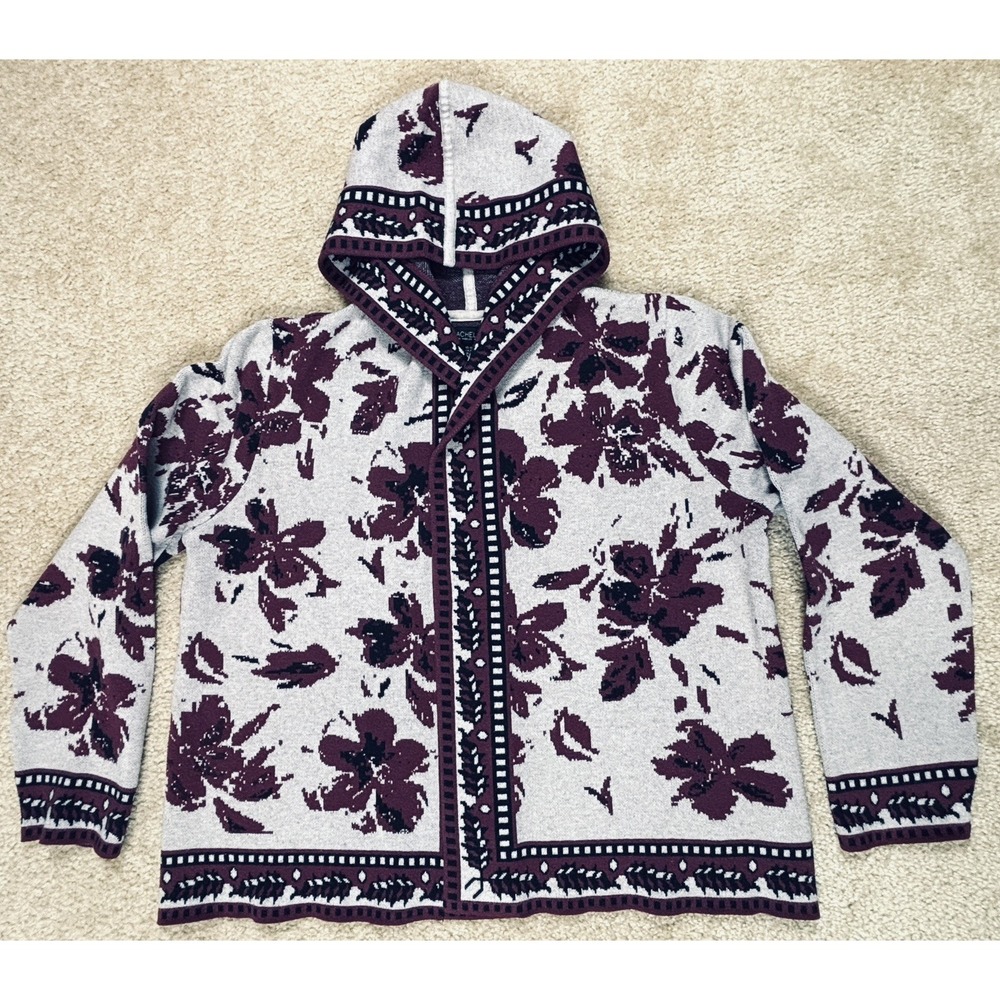Rachel Zoe XL Floral Print Hooded Cardigan Sweater Open Front Purple Gray